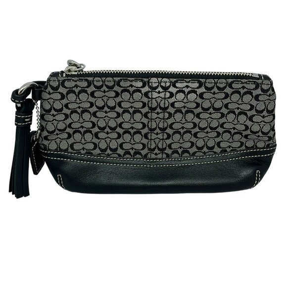 Auth COACH Mini Signature - Gray Black Jacquard Leather Pouch - Picture 2 of 5